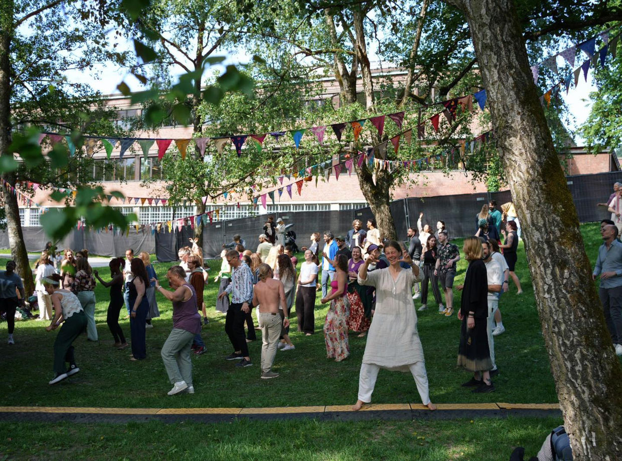 The lawn full of dancers under the trees