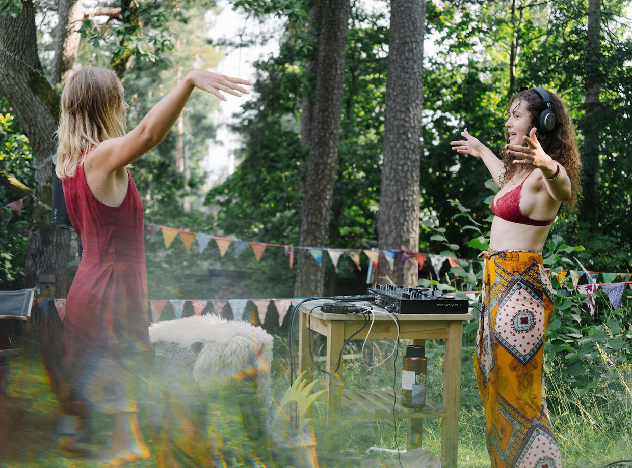Dancing between the trees under bunting