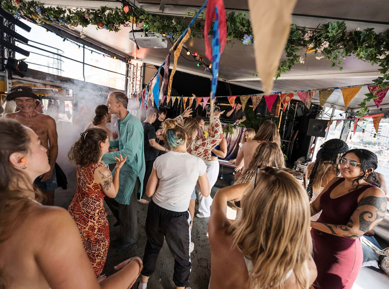 The deck packed with dancers