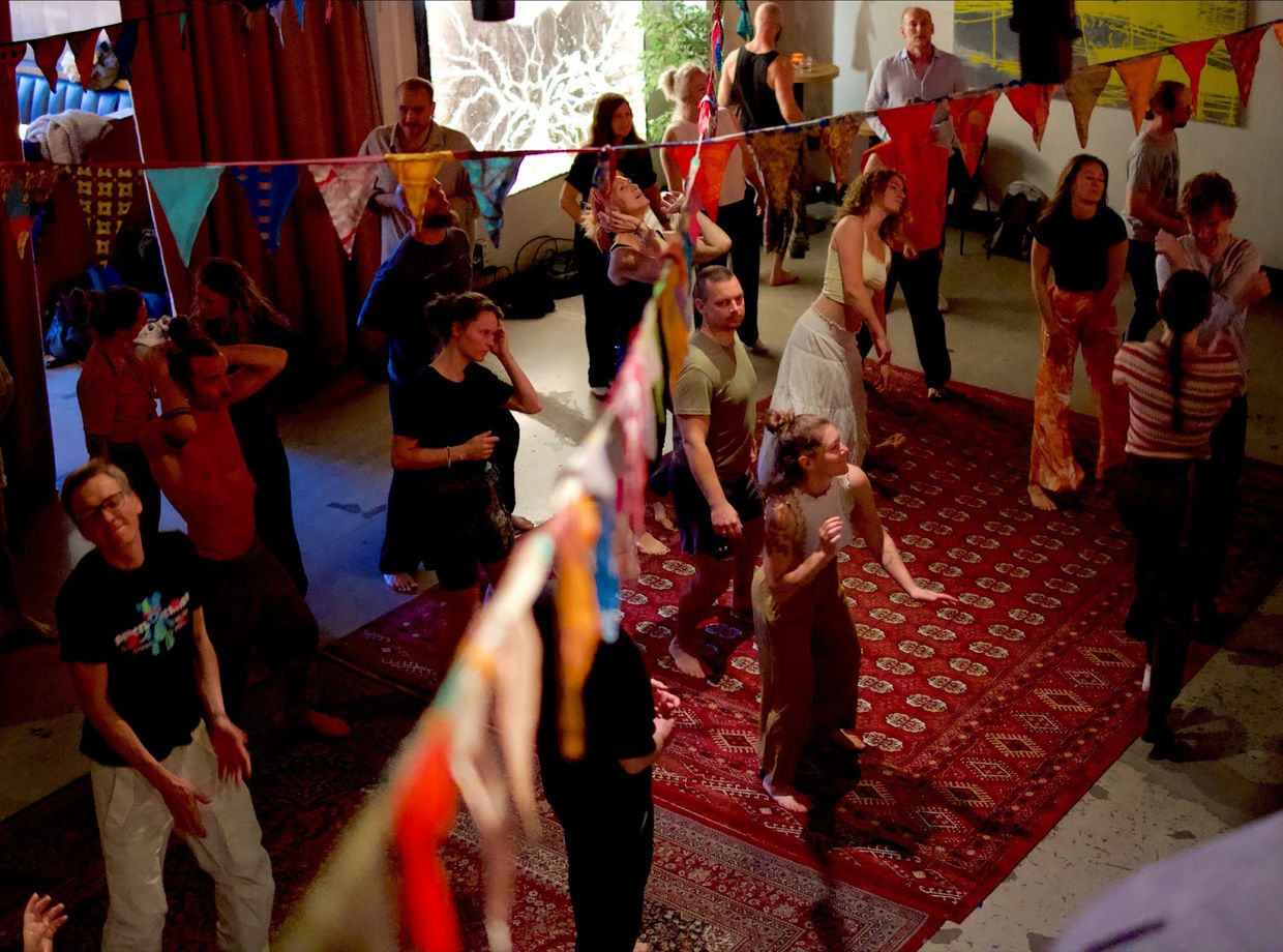 The dance floor through a string of colourful bunting